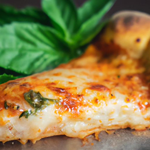 A close-up of a delicious slice of Dutch oven pizza with melted cheese and fresh basil