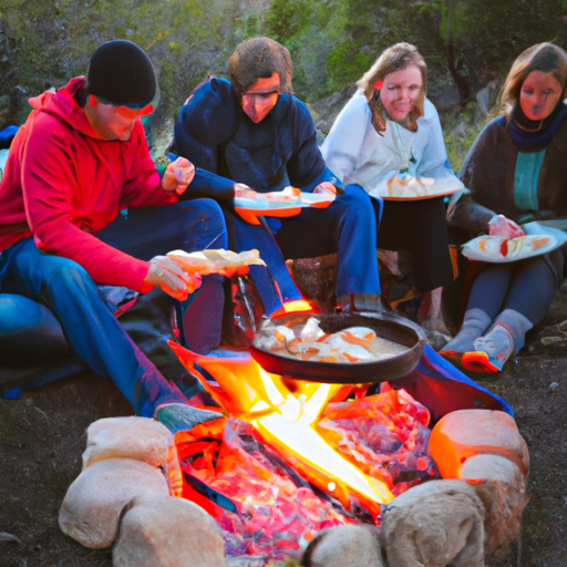 A group of friends enjoying Dutch oven tacos around a crackling campfire in the wilderness.